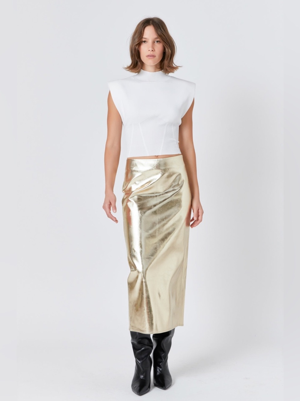 Endless Rose Metallic Gold Midi Skirt - Sleek High-Waist Design